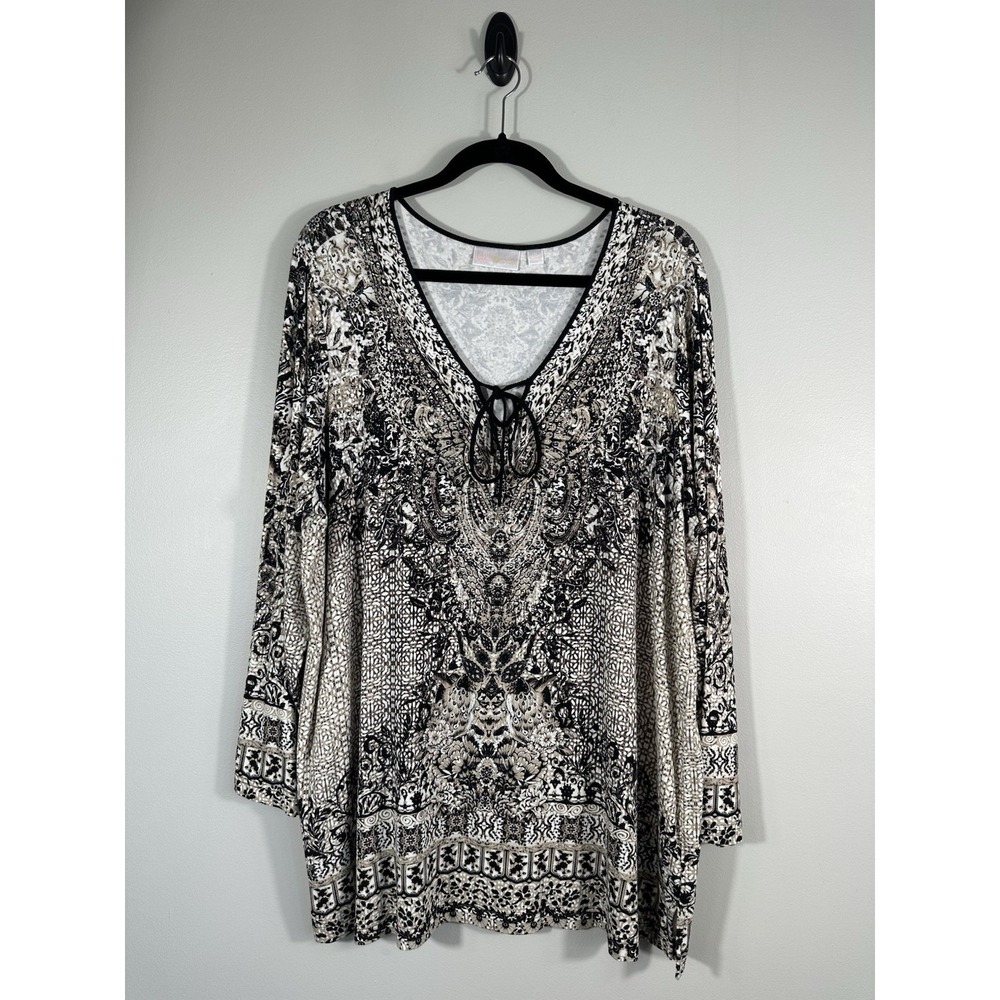 Belle By Kim Gravel Top Womens 1X Black Boho Tunic Knit V Neck Long Sleeve